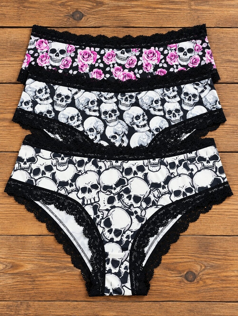 Gothic Skull Rose Lace Hipster Panties 3 Pack Women’s Large NWT Halloween -B